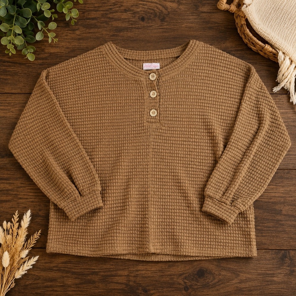Pink Lily Brown Waffle Knit Henley Top Long Sleeve Button Neck XS oversized